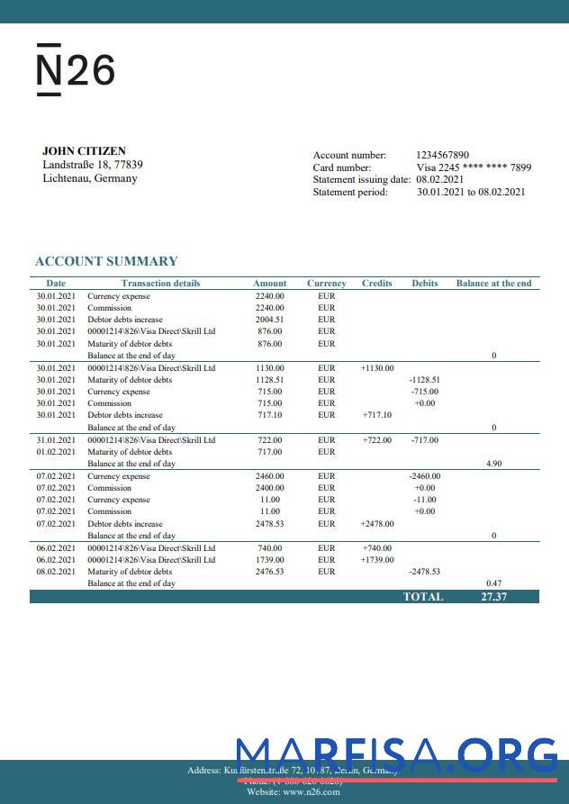 Downloadable Germany N26 bank Word example